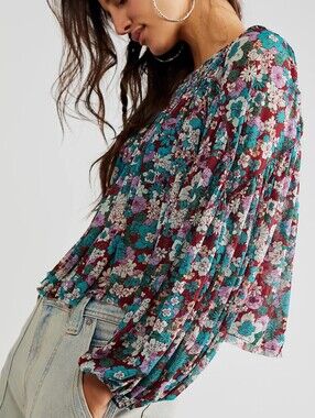 FREE PEOPLE Up For Anything Flowy Floral Boho Maroon Teal Runs Large XS NWT
